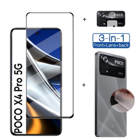Bộ Kính Cường Lực Bảo Vệ Toàn Màn Hình 3 Trong 1 POCO X4 Pro 5G + Phim Sợi carbon POCO X4 Pro 5G