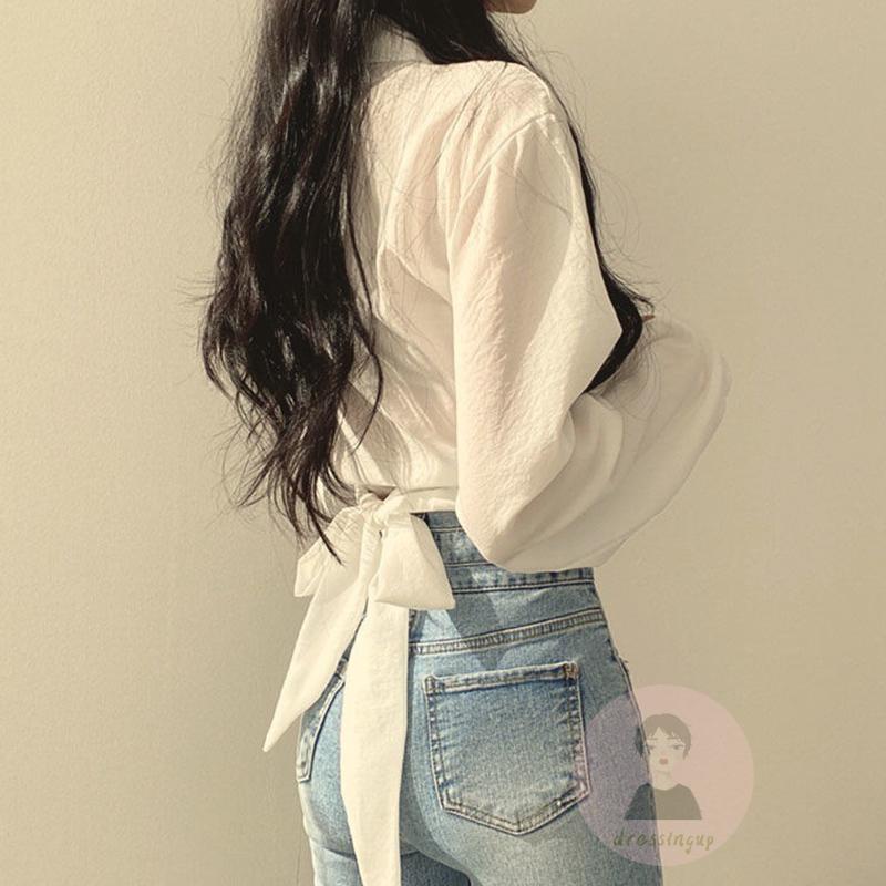 Áo Sơ Mi Tay Dài Cổ Bẻ Thắt Nơ Màu Trơn Cho Nữ