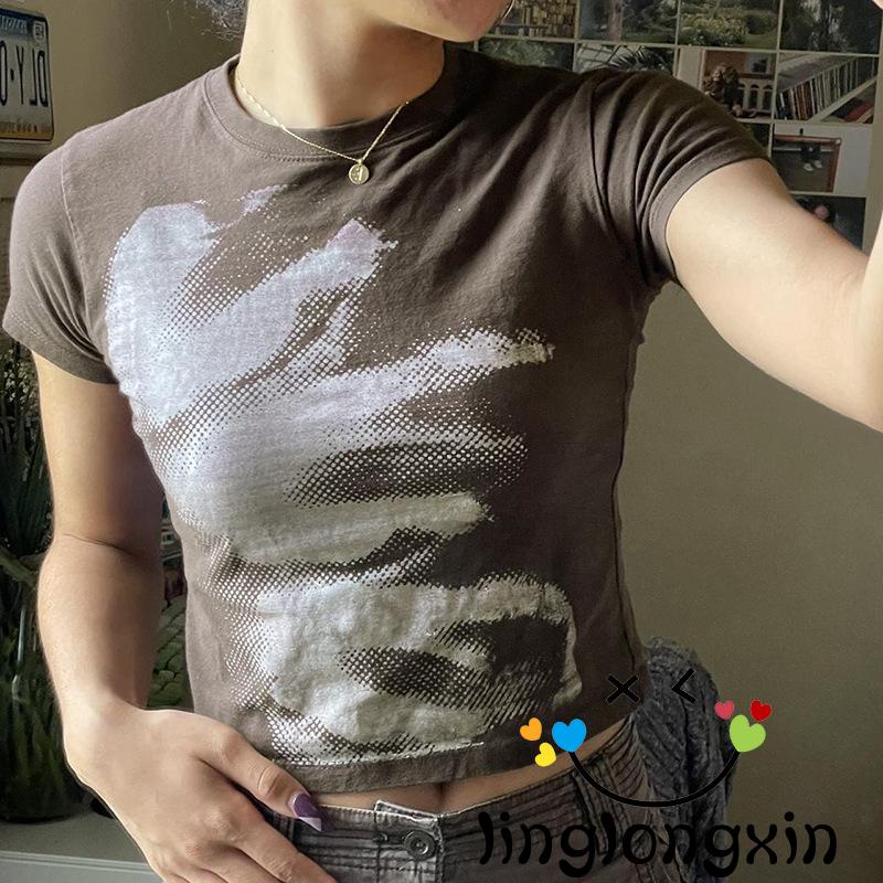 Áo Thun Crop Top Tay Ngắn Dáng Ôm In Họa Tiết Phong Cách Harajuku Cổ Điển Thời Trang Cho Nữ Linglongxi2-2000s Y2K