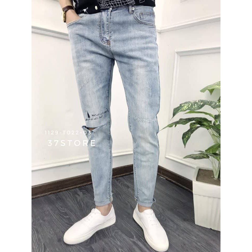 Quần jean nam xanh wash trắng vải jean dày co dãn rách gối cao cấp Xịn