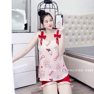 Đồ Mặc Nhà - Pyjamas , Bộ Lụa 2 dây nơ đùi,lụa santin cao cấp
