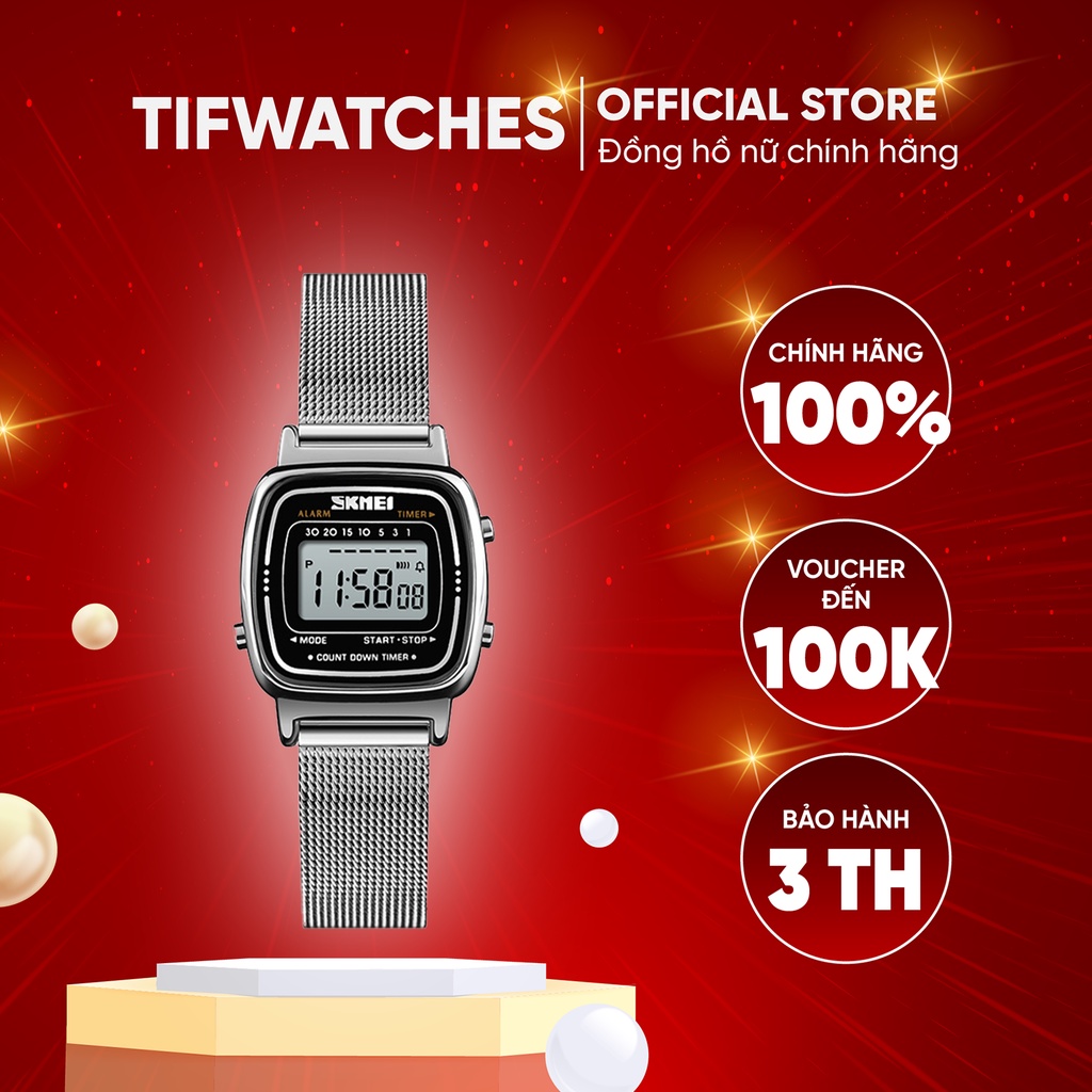 Đồng hồ nữ điện tử mặt nhỏ SKMEI MESH bạc mặt đen đồng hồ thời trang cá tính Watchesbytif size 22mm kèm báo thức bấm giờ