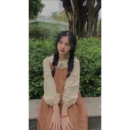 Set Áo Sơ Mi - Váy Babydoll Yếm Nhung tăm Nâu Be Ulzzang ( hình thật/ sẵn) nó