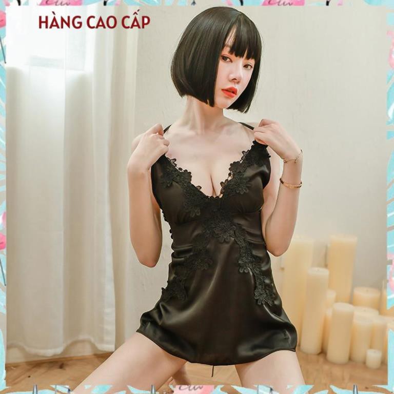 Váy ngủ sexy đan dây sau đầm ngủ lụa phối ren gợi cảm - màu đen Thư Thư [HÀNG CAO CẤP]