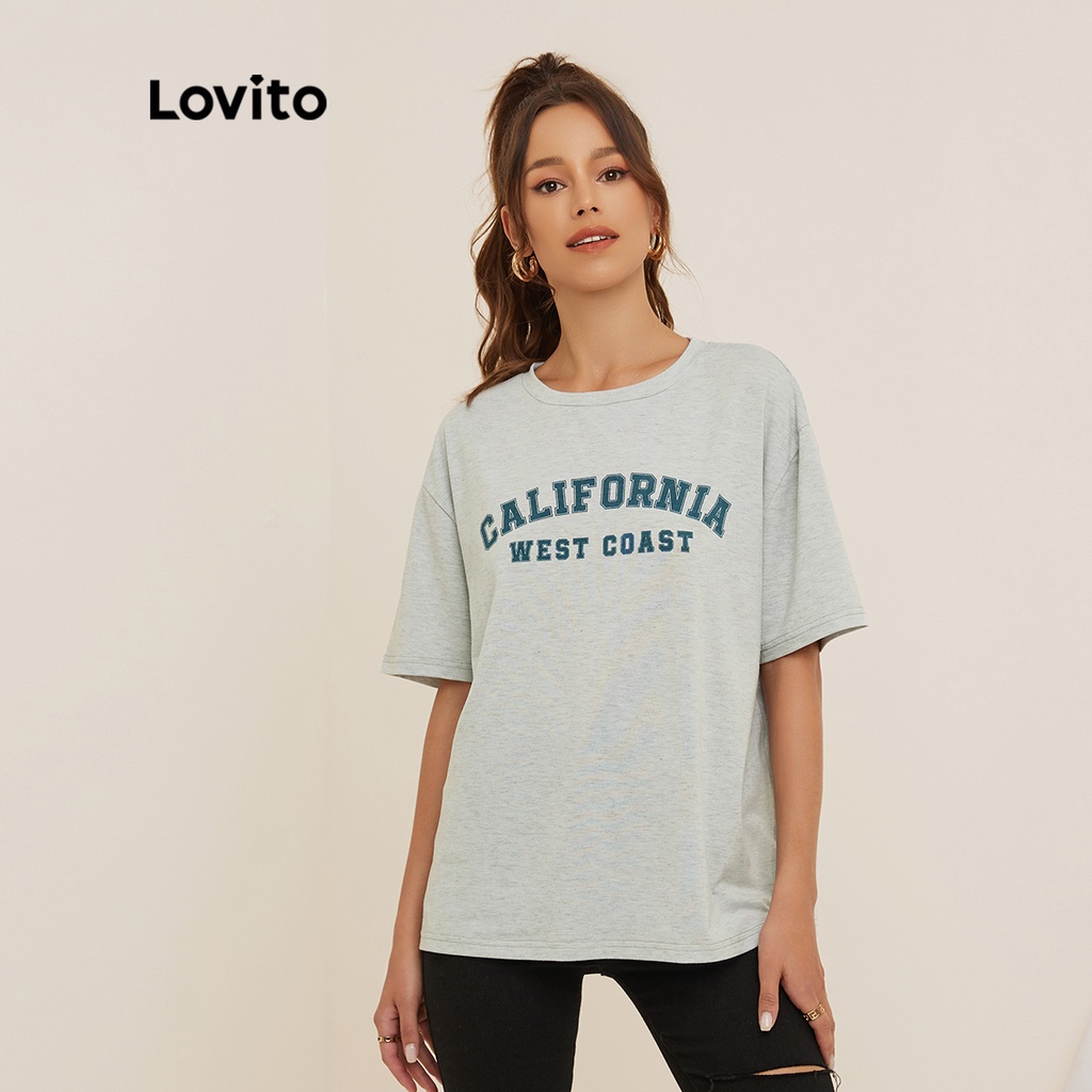 Áo thun Lovito họa tiết chữ cổ tròn phong cách thường ngày L19D235 (màu xám)