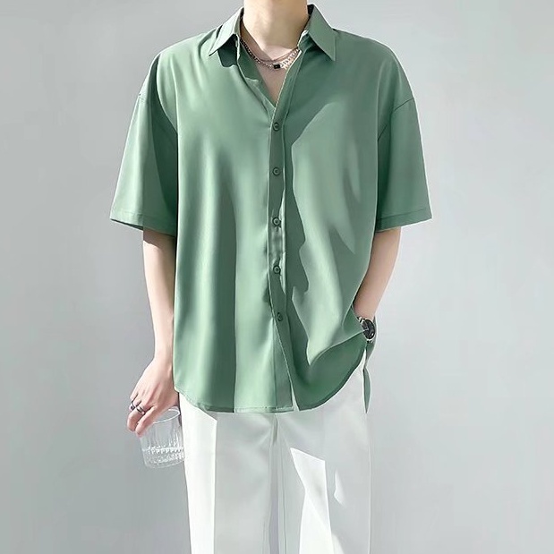 Áo Sơ Mi Nam Nữ Tay Ngắn Vải Lụa Lạnh Trơn Màu Xanh Lá Phong Cách Retro Hàn Quốc Cho áo kiểu hàn quốc áo sơ mi unisex lụa áo phong cách nhật bản sơ mi hoạ nam ngắn tay