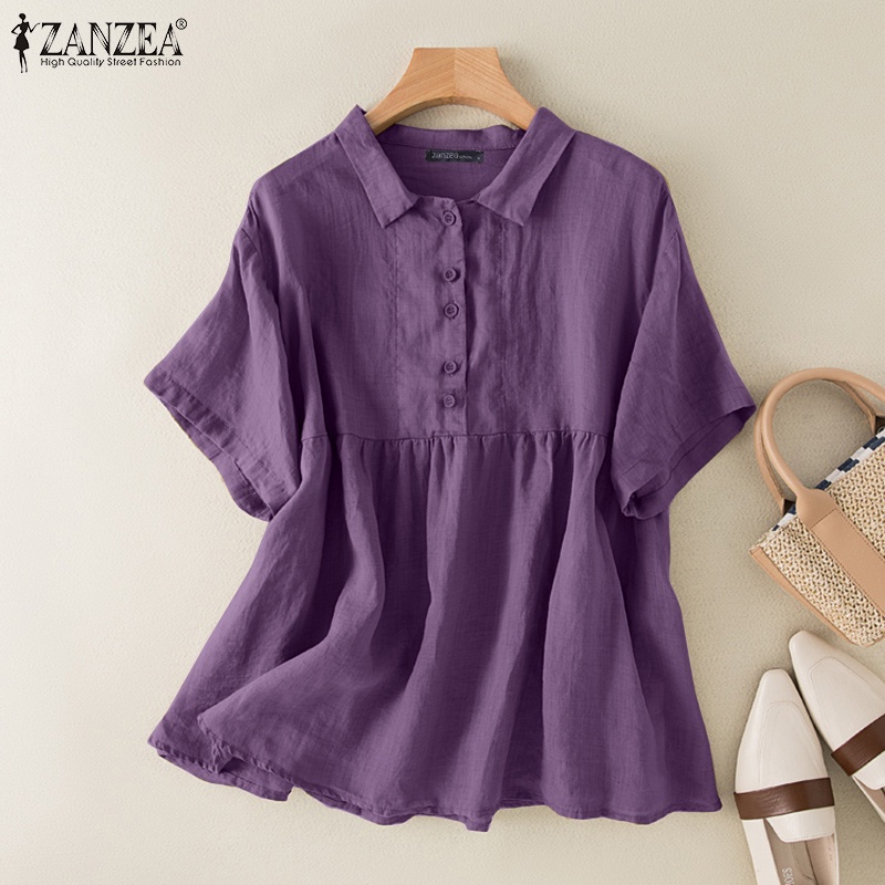 Áo sơ mi ZANZEA cổ bẻ gài nút dáng rộng vintage thời trang cho nữ