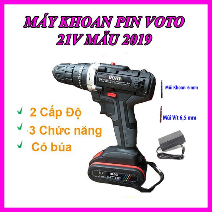 [Mã SMA071008 hoàn 10K xu đơn 0Đ] Máy khoan cầm tay Pin 21V Voto có búa mẫu 2019