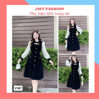 V167 Váy nhung đen [freeship] đầm đen dáng A dài tay phối voan sang chảnh - TH MC&Hà Thanh