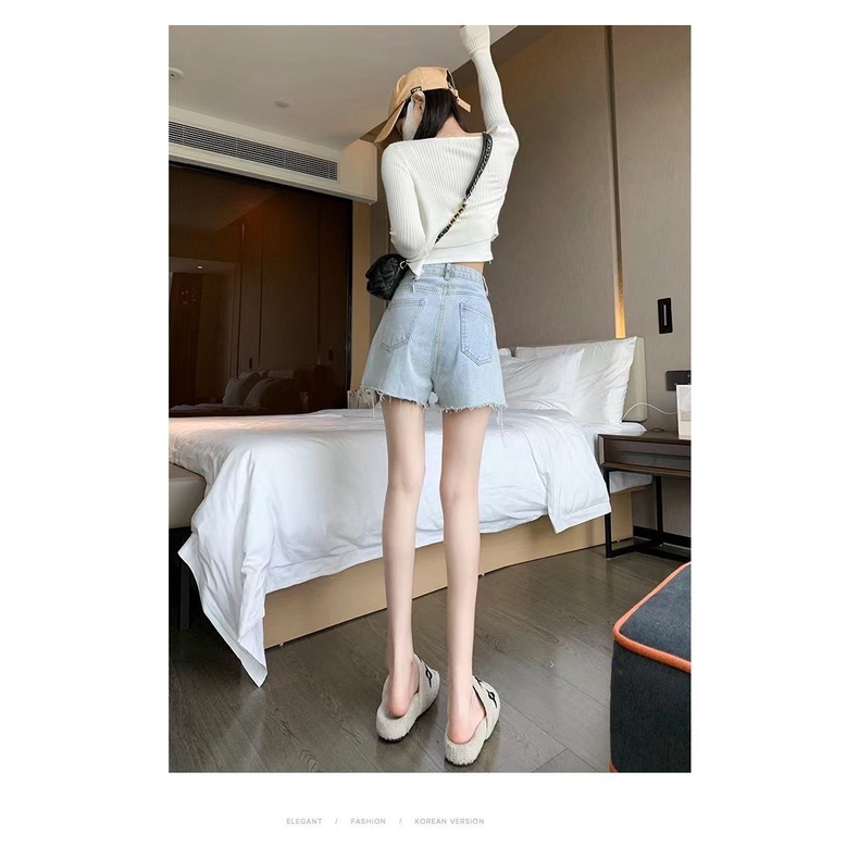 AMOI Quần Short Denim Lưng Cao Ống Rộng Phối Rách Thời Trang 2022 Cho Nữ