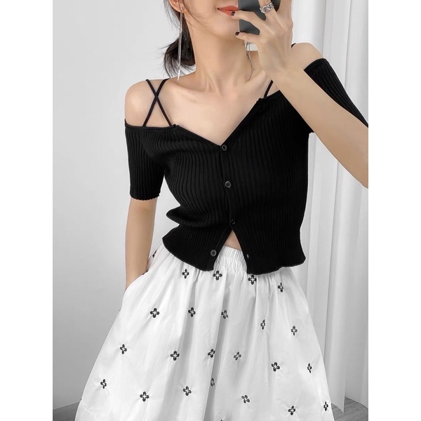 áo len dệt kim trễ vai dây nhỏ V (0622-1#)