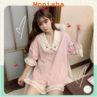 [ORDER TMALL 261] Bộ Ngủ Tiểu Thư Cộc Tay Ống Xòe Cherry