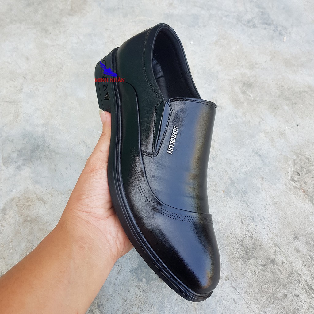 Giày tây nam da bò thật mũi bo tròn ĐẾ KHÂU dành cho người trung niên cao niên Công Sở 3 gân mũi ngắn O-12 màu đen