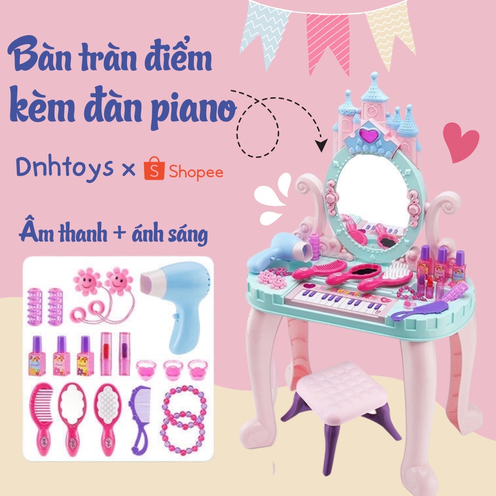 Bộ đồ chơi bàn trang điểm lâu đài kèm đàn Piano, ghế ngồi dùng pin phát triển tư duy cho bé,bàn trang điểm cho bé gái