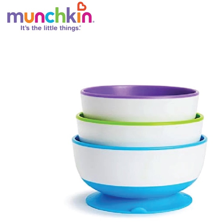 Bộ bát ăn Munchkin chống đổ (Thân bát: Nhựa PP cao cấp, Đế hút: Cao su-USA) dung tích 3 bát: 200ml; 240ml và 300ml