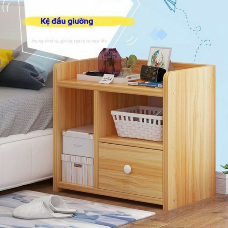 Miễn Ship Tủ, Kệ Để Đầu Giường Vuông Ngăn Kéo Màu Gỗ 40 x 26 x 32.5cm (HÀNG CHẤT LƯỢNG CAO)