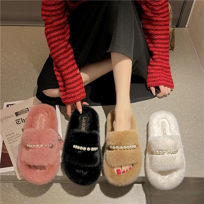 Dép bằng cotton đế bằng phối lông thời trang thu đông cho nữ