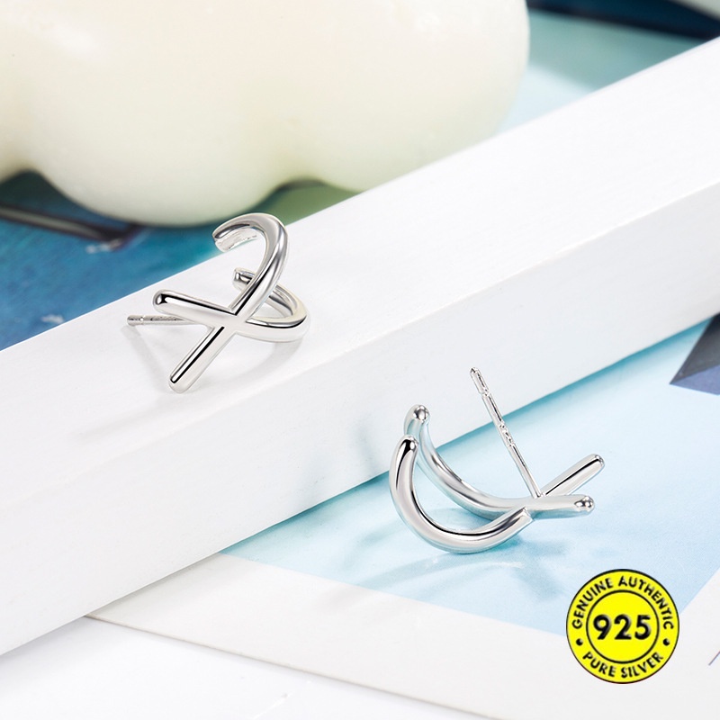 Bông Tai Mạ Bạc 925 Hình Chữ X Đính Đá Sang Trọng