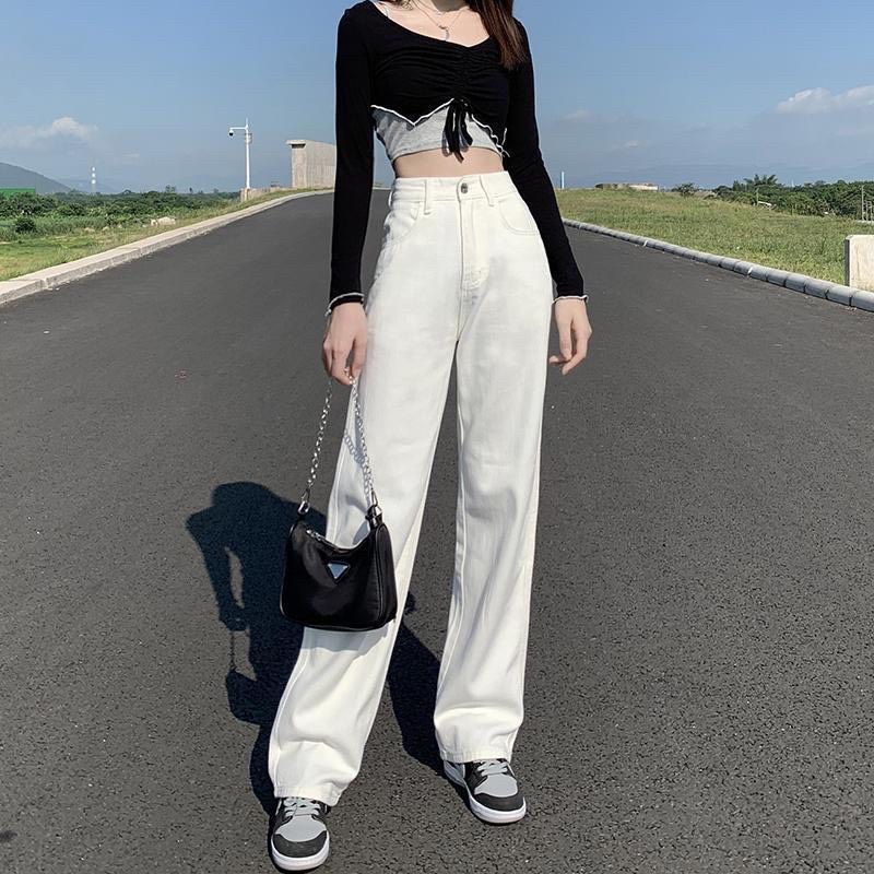 Quần Jean Nữ Xuông Ống Rộng Hai Màu Trắng Đen Basic phong cách Ulzzang che khuyết điểm cực tôn dáng