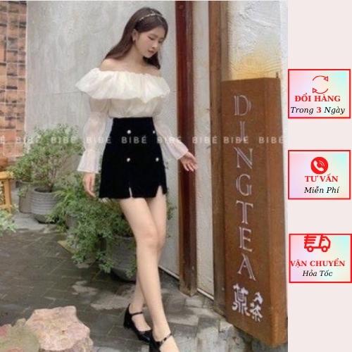 Áo trễ vai nữ voan tơ tay bồng tiểu thư bánh bèo màu trắng be 2 lớp ulzzang Hàn Quốc