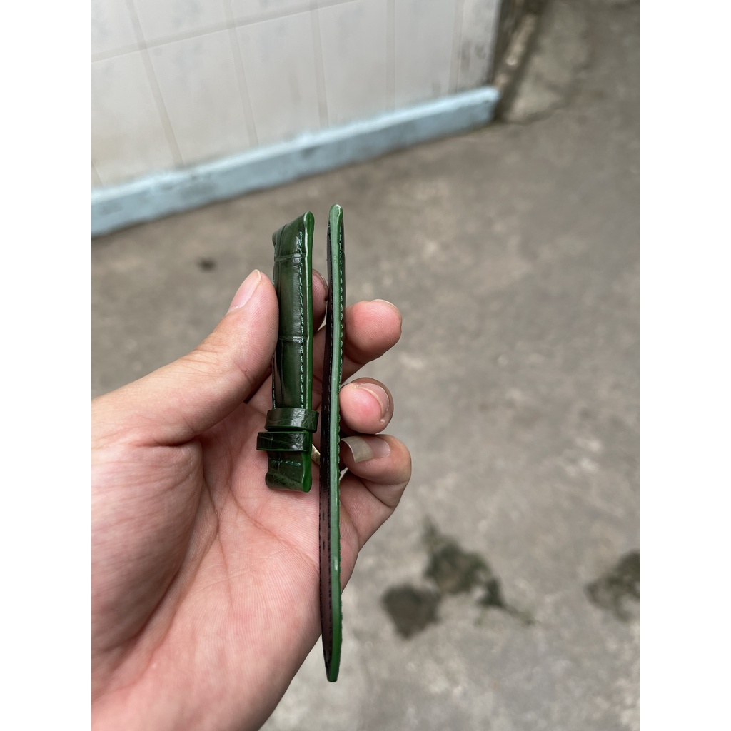 Dây Đồng Hồ Da Cá Sấu Thật Giá Rẻ Vân Đốt Tre, Màu Xanh Lá Size 18mm, 20mm, 22mm