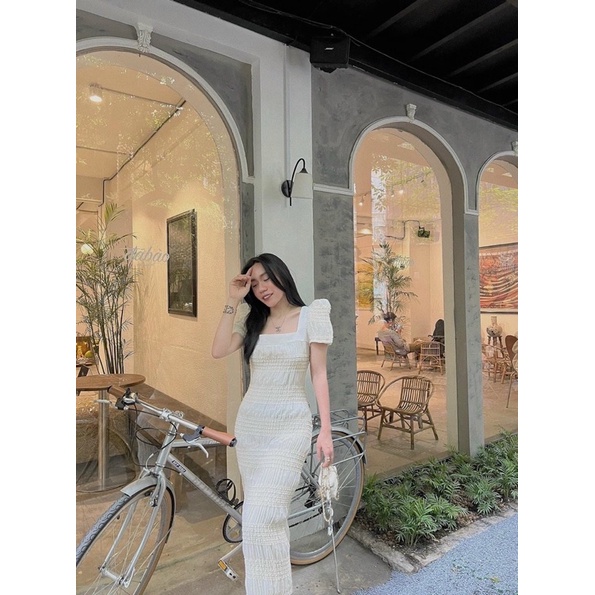 Đầm body tay bồng xốp ren nổi dánv maxi dài [kèm hình thật]