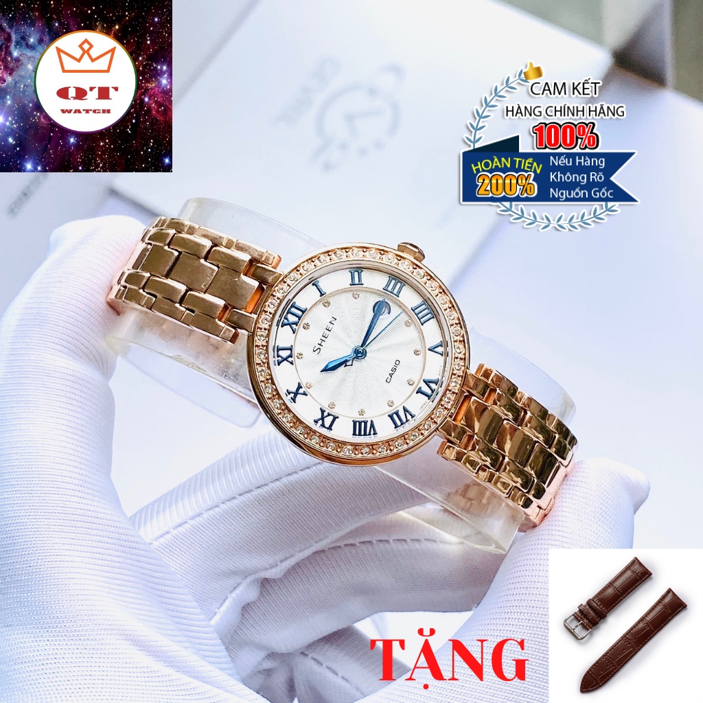 Đồng Hồ Nữ CASIO SHEEN SHE-4034PG-7A Dây Kim Loại Mạ Vàng Hồng - Mặt Số La Mã Màu Xanh Chính Hãng Tặng Dây Da Cao Cấp