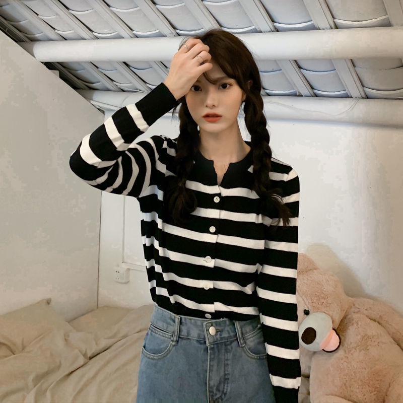 Áo Khoác Cardigan Dệt Kim Tay Dài Dáng Rộng Họa Tiết Kẻ Sọc Thời Trang Hàn Quốc Mới Cho Nữ