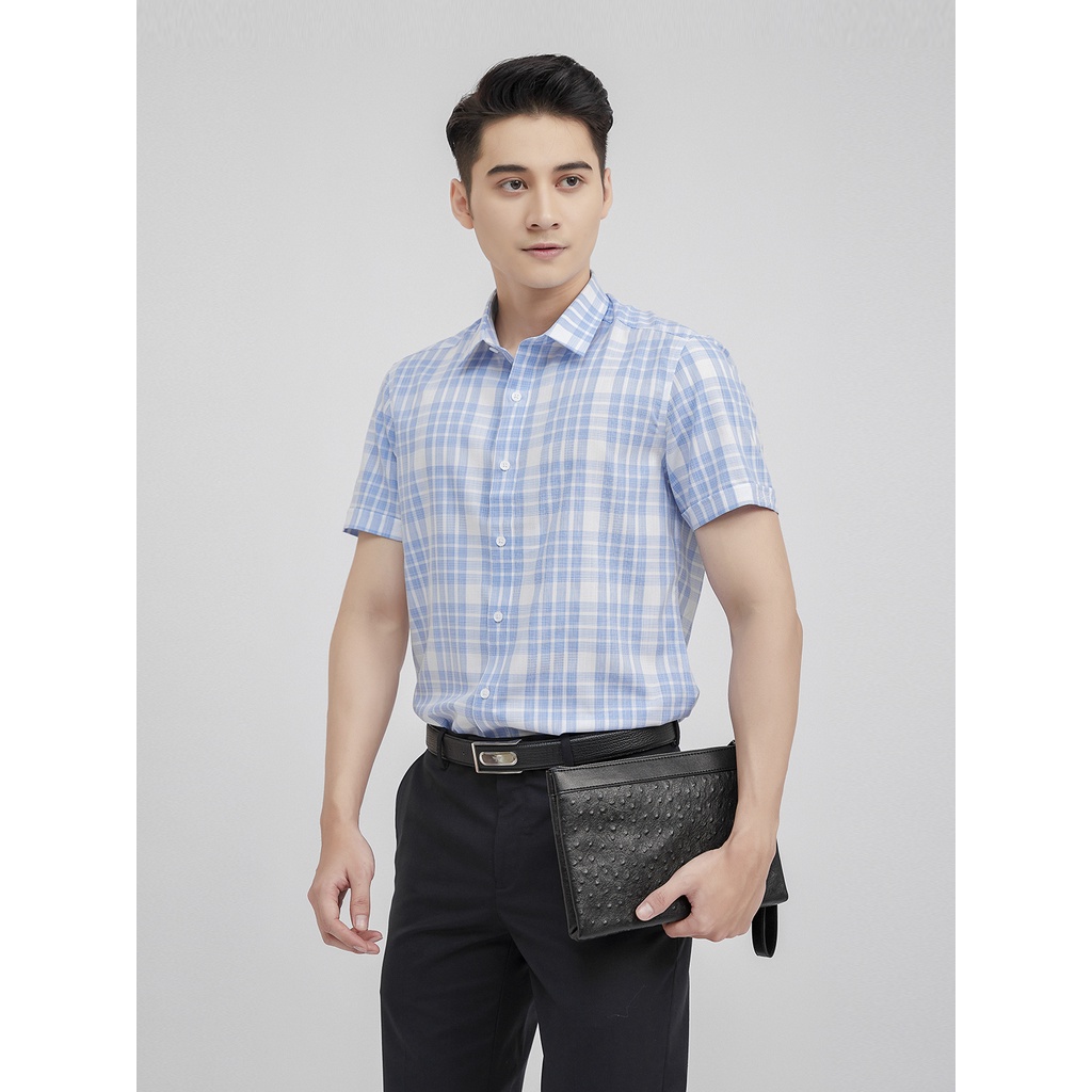 Áo sơ mi nam ngắn tay ARISTINO họa tiết kẻ caro xanh nhẹ lịch lãm - ASS031S1