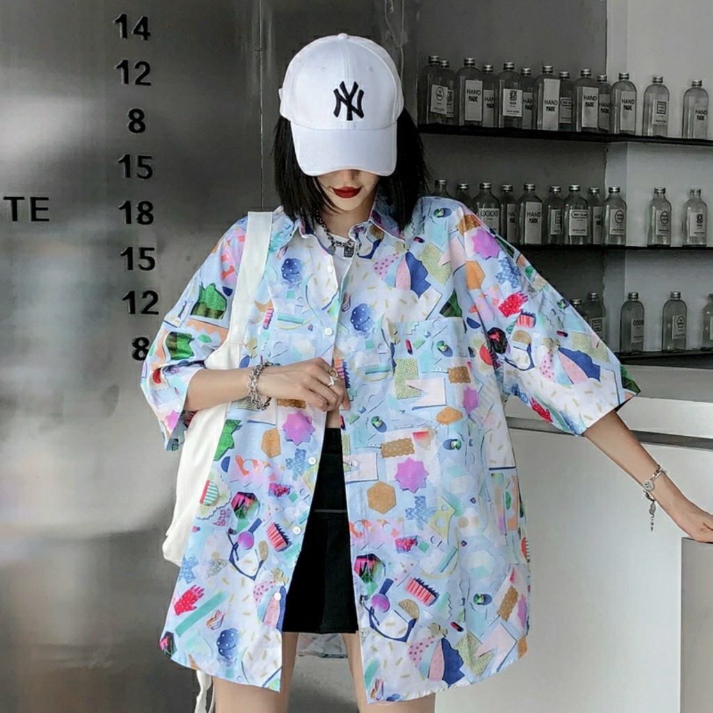 Áo sơ mi tay lỡ nam nữ form rộng Họa Tiết KHối Unisex