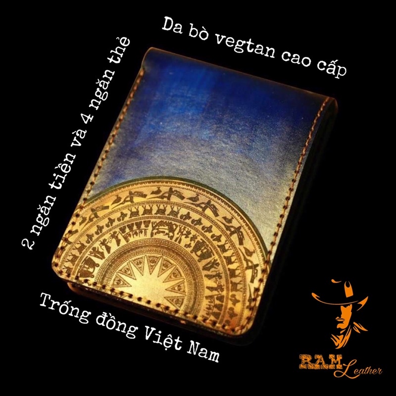 Ví nam nữ RAM Leather handmade da bò Italia Vegtan khắc Trống Đồng Việt Nam xanh dương navy