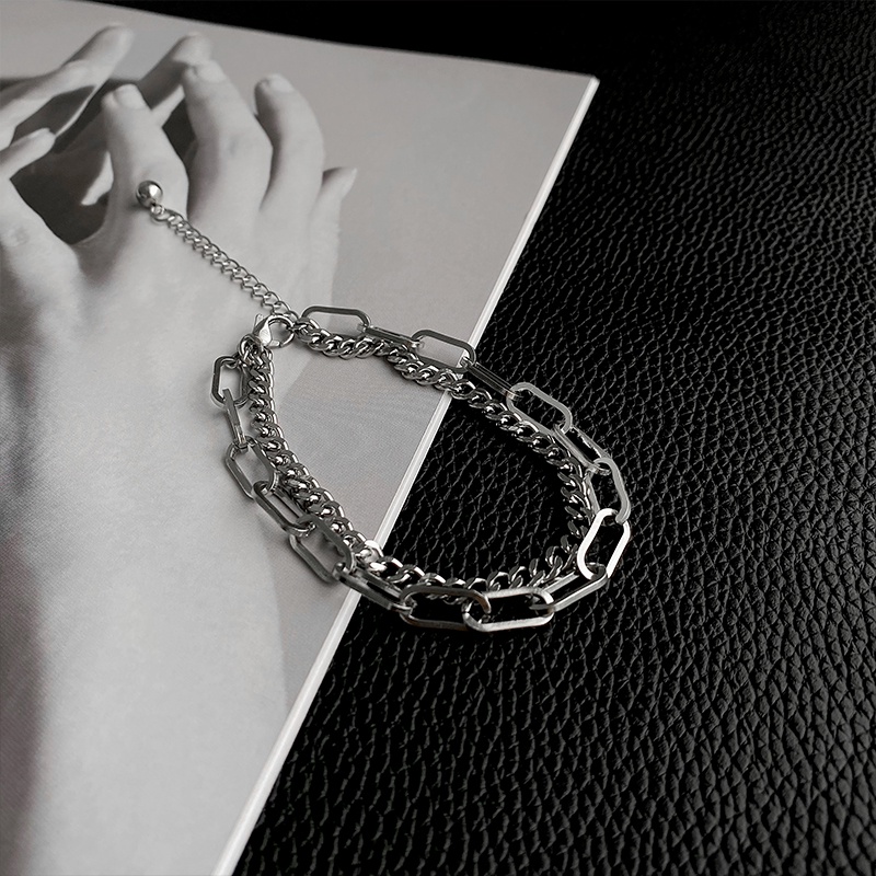 Vòng tay hai lớp bằng thép titan phong cách hiphop đơn giản dễ phối đồ