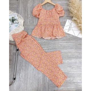 Set bộ hoa nhí cổ vuông xếp li eo tay bo phồng quần dài ống suông nhỏ bigsize 40-72kg