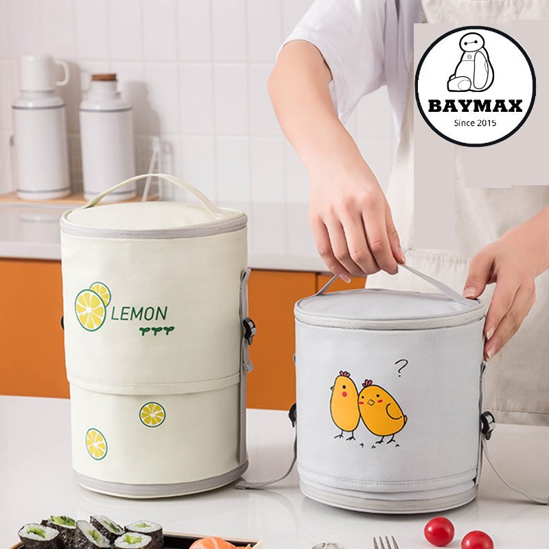 Túi đựng cơm giữ nhiệt cao cấp, 4 lớp giữ nhiệt nóng, lạnh (size 16x14x27 cm), Túi đựng thức ăn tròn - LEMON