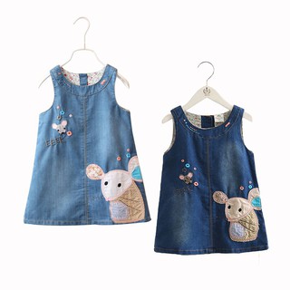Đầm jean cộc tay thêu hình chuột xinh xắn cho bé gái