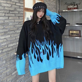 Áo Sweater Dệt Kim Dáng Rộng Cổ Tròn Hoạ Tiết Lửa Độc Đáo