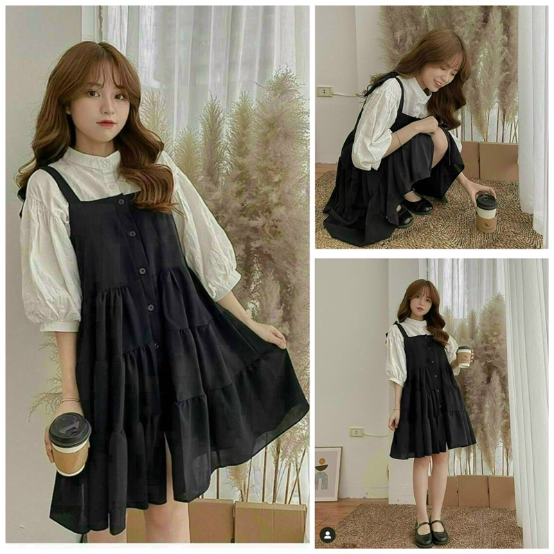 Set áo sơ mi cổ trụ tay phồng mix váy 2 dây cột nơ vai - Hình thật