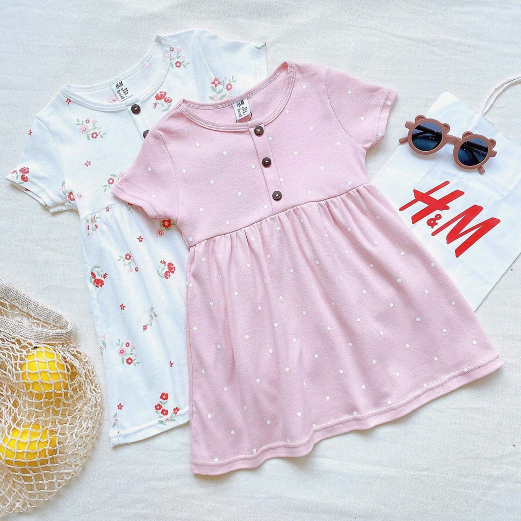Váy bé gái combo 2 đầm baby doll cúc ngực hồng trắng