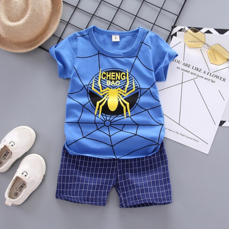 Set Áo Thun Ngắn Tay Cổ Tròn In Hình Con Nhện + Quần Short Lưng Thun Thời Trang Cho Bé Trai