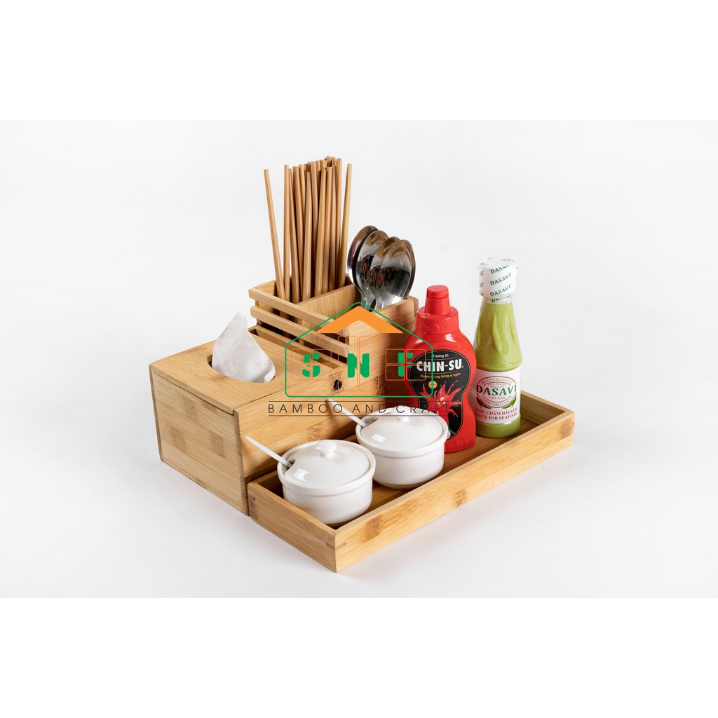 Khay Đa Năng Bằng Gỗ Tre Cao Cấp Đựng Đũa, Muỗng, Giấy Ăn, Gia Vị- SNF Bamboo and Craft