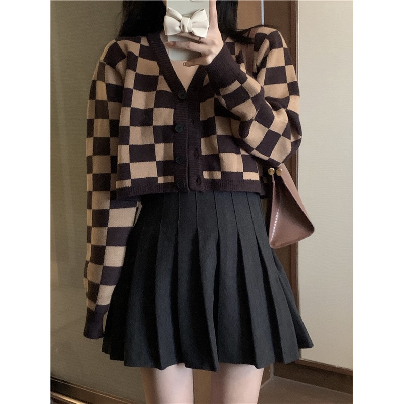 Áo khoác cardigan dệt kim tay dài dáng rộng kẻ sọc ca rô thời trang Hàn Quốc cho nữ