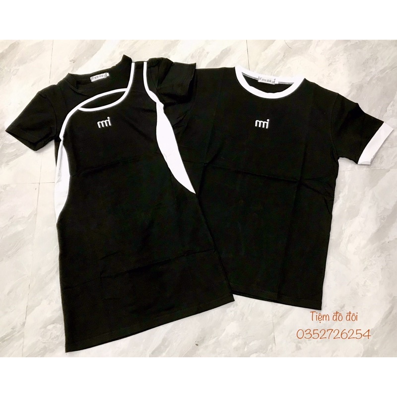 Sét đồ đôi nam và nữ 2 màu đen và be váy ôm body kết hợp áo phông nam