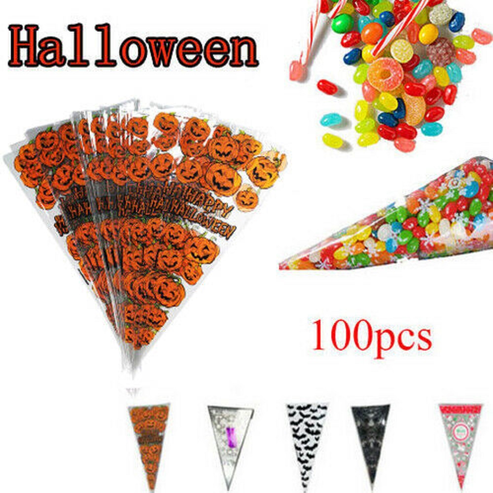 100 Túi OPP Tam Giác Đựng Kẹo, Thực Phẩm In Hình Halloween, Giáng Sinh