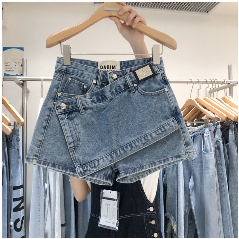 Jiashucheng Quần Short Denim Giả Hai Mảnh Lưng Cao Ống Rộng Có Thể Giặt Thời Trang Mùa Hè Cho Nữ