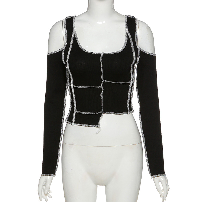 DUNEA COD Women's New Irregular Slim Hollow Strapless Long Sleeve T-Shirt