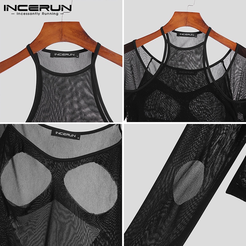 Set 2 áo INCERUN tay dài khoét lỗ dáng ôm vừa vặn xuyên thấu màu đen quyến rũ cho nam