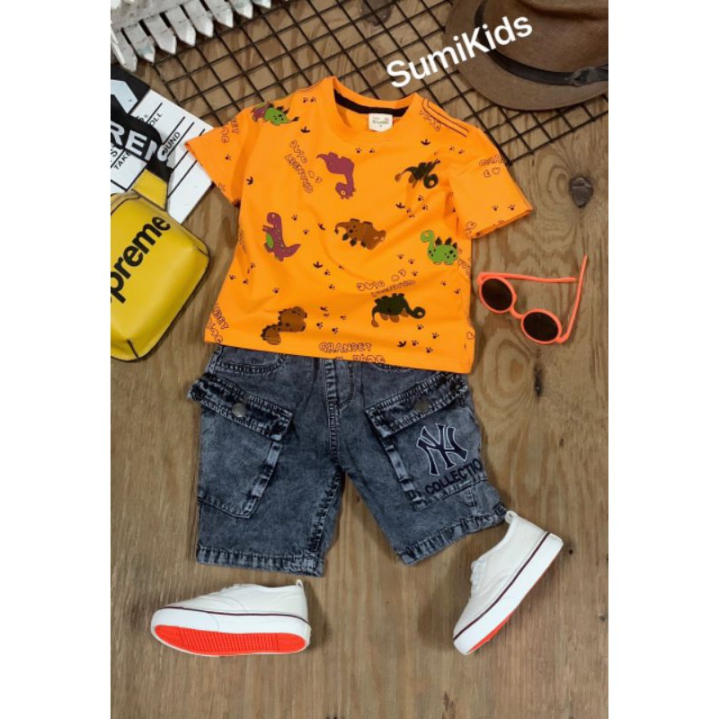 Set quần jean mềm NY áo khủng long bé trai