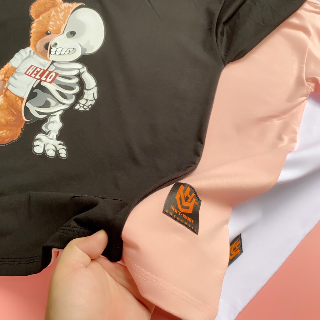 Áo thun tay lỡ HY KOREA nam nữ form rộng unisex Cotton 75% in hình Gấu xương DC208.
