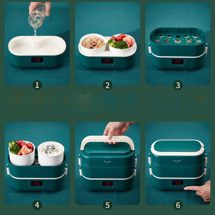 Hộp cơm cắm điện 3 tầng kèm 4 bát sứ có hẹn giờ  - hộp cơm giữ nhiệt văn phòng