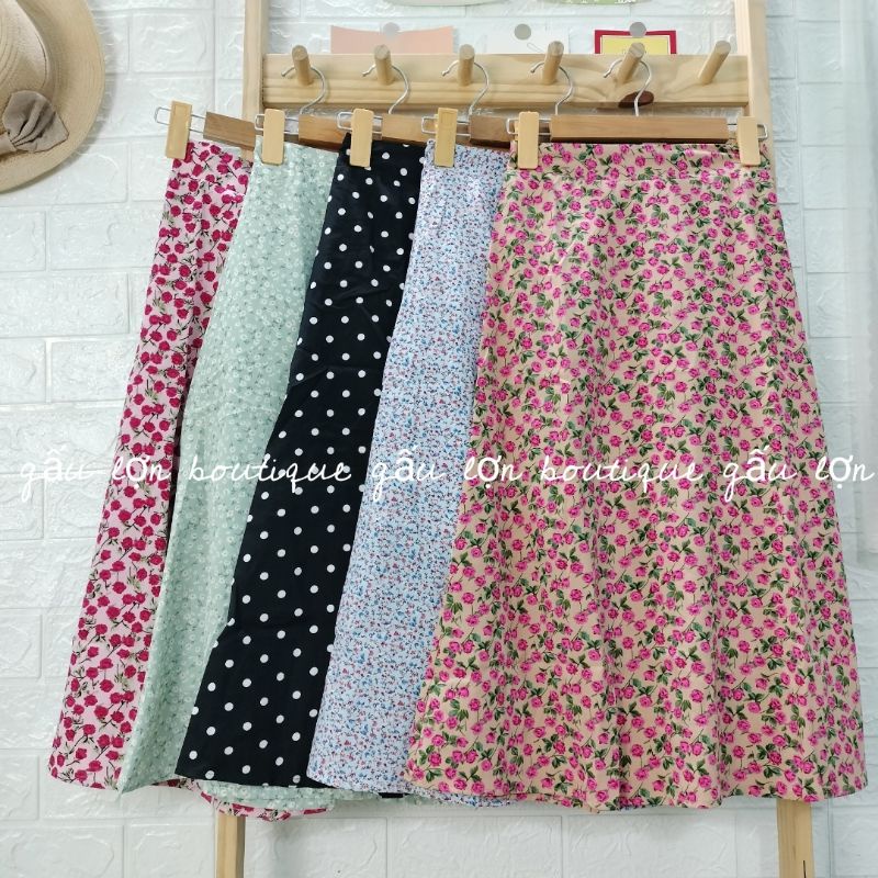 Chân váy hoa nhí chấm bi midi vintage ảnh thật